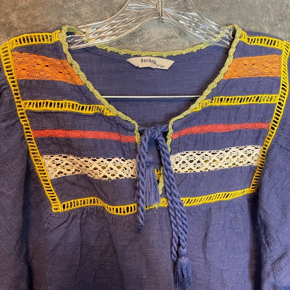 Rocks Indigo Women Boho Peasant Top M Festival Boxy Cropped Tasseled Fringe - Picture 5 of 12